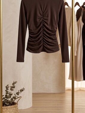 H&M Brown Ruched Long-Sleeve Tee